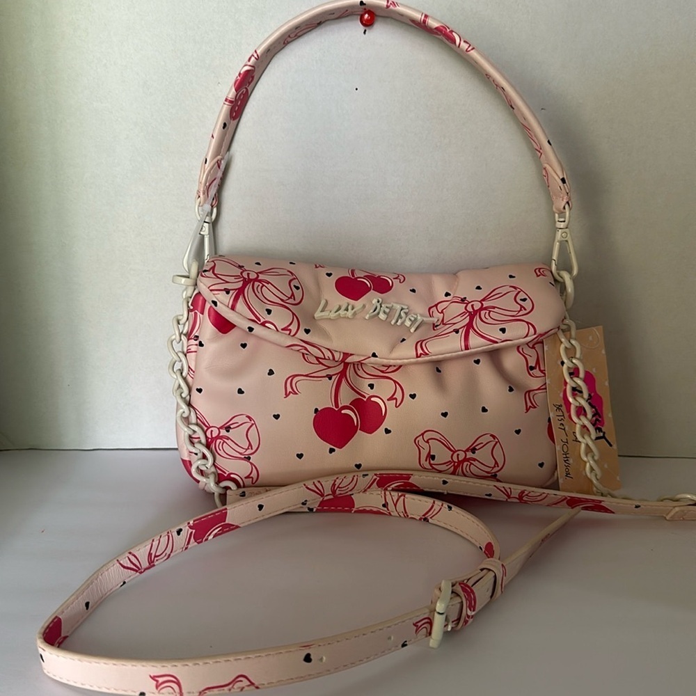 Luv Betsey by Betsey Johnson Pink Bow Cherries Hearts Crossbody Bag - Picture 5 of 16